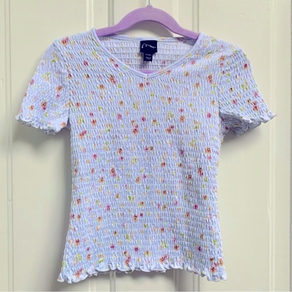 COTTAGE CORE SMOCKED V-NECK KNIT FLORAL SHORT SLEEVE TOP ART CLASS GIRLS SIZE 6X
